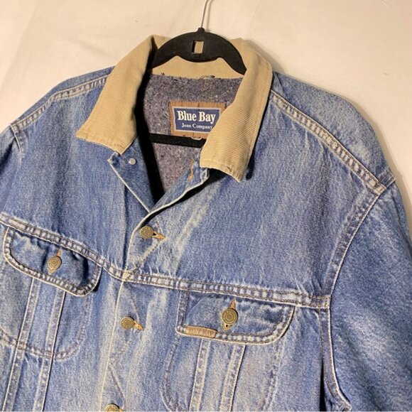 Vintage Blue Bay Distressed Blanket Lined Denim Trucker Jacket Blue Denim Jacket - Picture 12 of 16